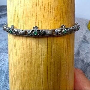 Vintage Sterling Silver Claddagh Tennis Bracelet Emerald and Marcasite Accents